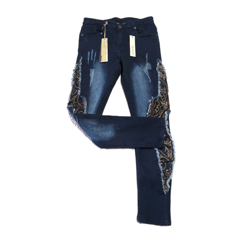 Reason RE5-150 Mens 30x32 Skinny Jeans Baroque Tapestry Distressed Stretch Denim